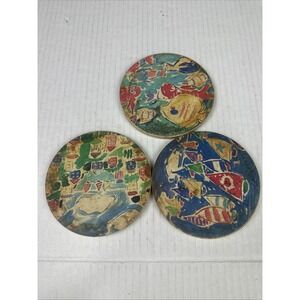 3-Vintage SALLY HUSS 3 sea life 2 sail boats Clay Cork back Coaster 4 1/4"